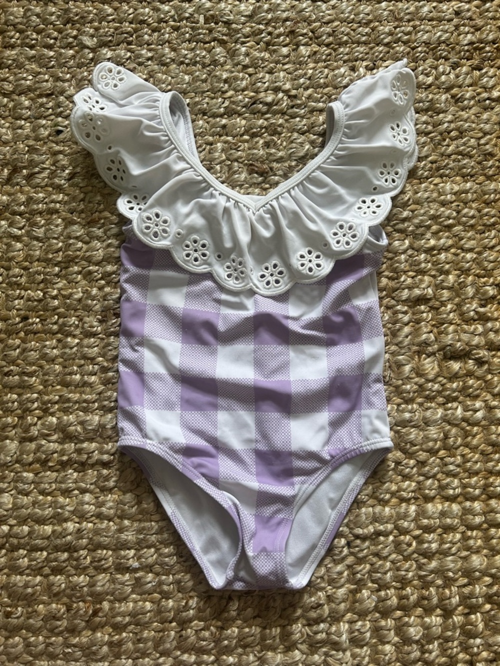 Janie and Jack Lavender and White Gingham One-Piece Swimsuit with Eyelet Ruffle